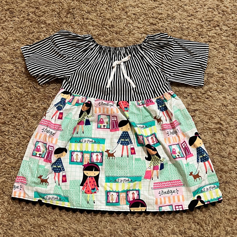 Novelty Print w/ Black & White Stripes Mixed Print Little Girl Dress